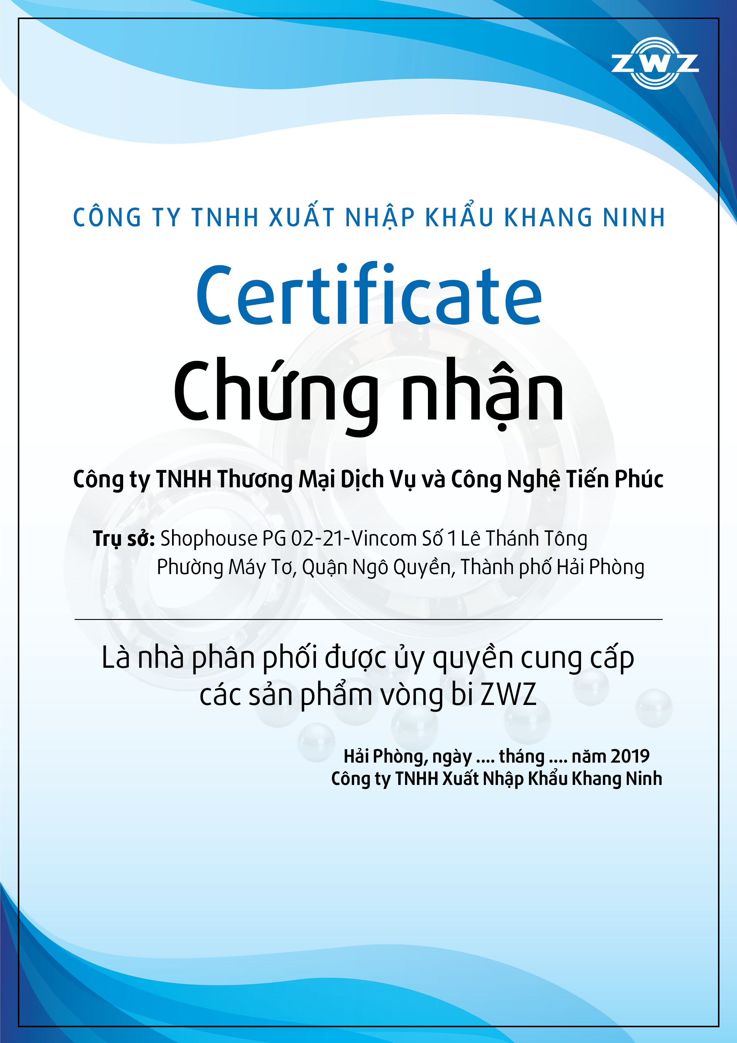 Chứng nhận ủy quyền Công ty TNHH Thương Mại và Dịch Vụ Tiến Phúc